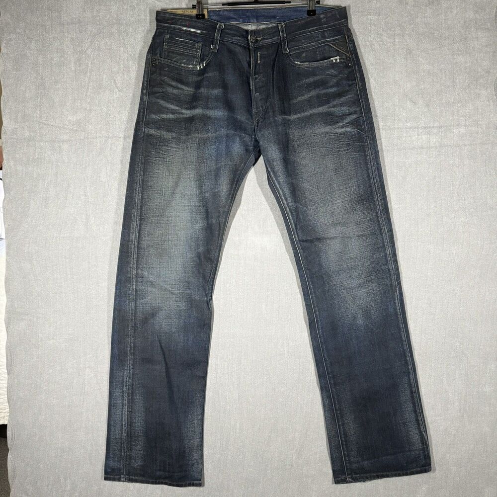 Replay M955 Jeans Men’s 34x34 (Fits 36) Dark Wash Distressed Straight Leg Coated